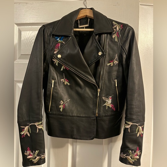 Ted Baker Jackets & Blazers - Ted Baker Black Leather Jacket with Floral Embroidery Size 3 equals US Size 8